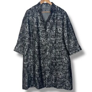 Eileen Fisher Textured Tweed Long Jacket Coat Black Silver L One Button‎ Wool